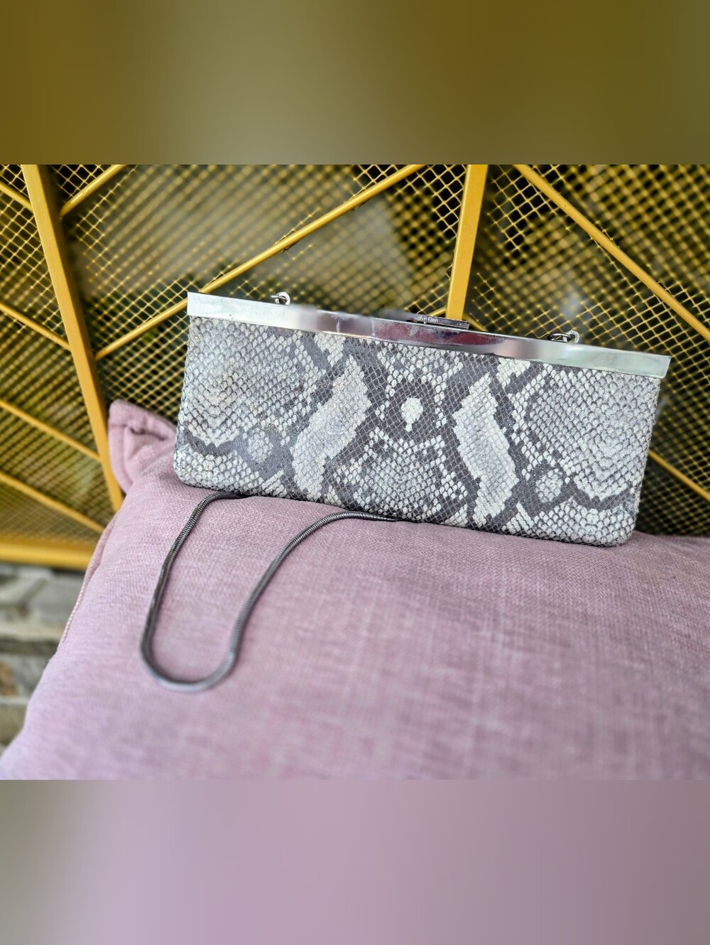 Calvin Klein Gray Python Snake Print Hard Case Frame Clutch Crossbody